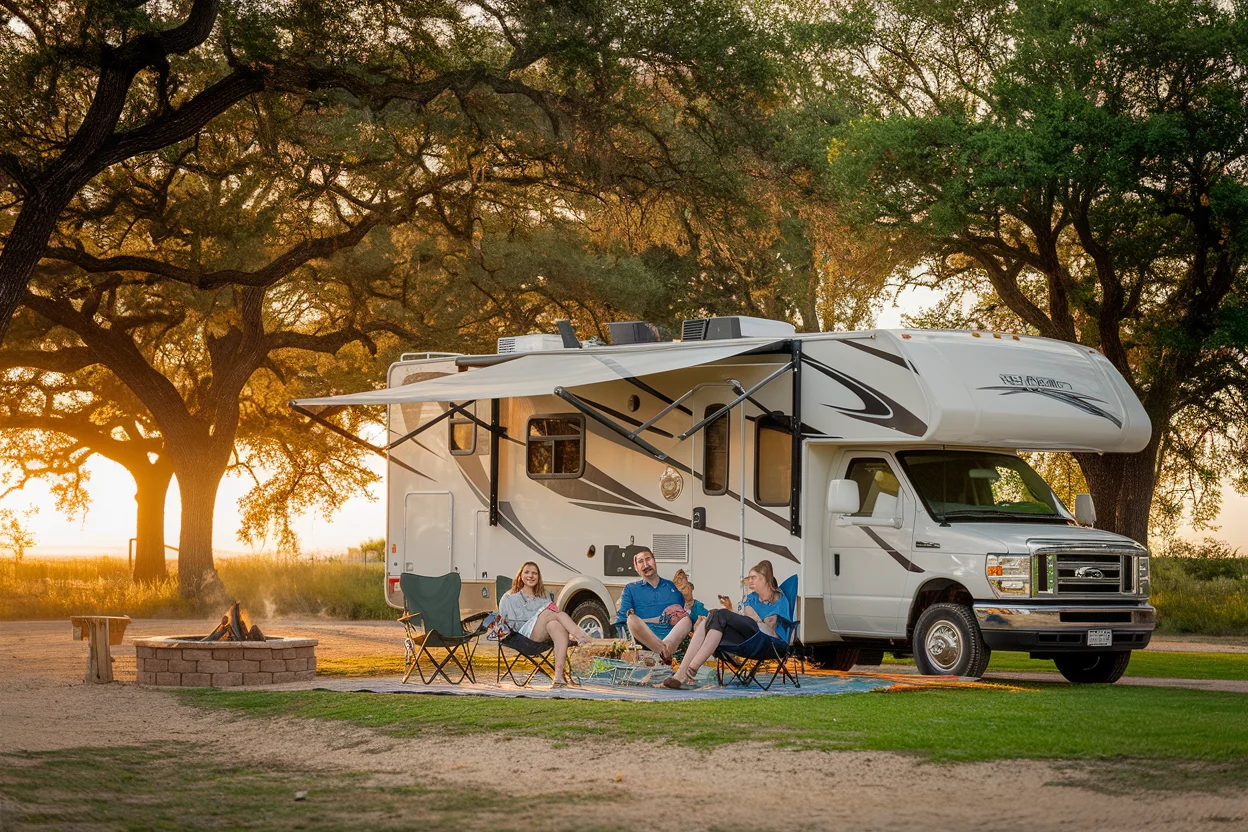 Family enjoying RV camping in Texas Hill Country with live oak trees and wildflowers
