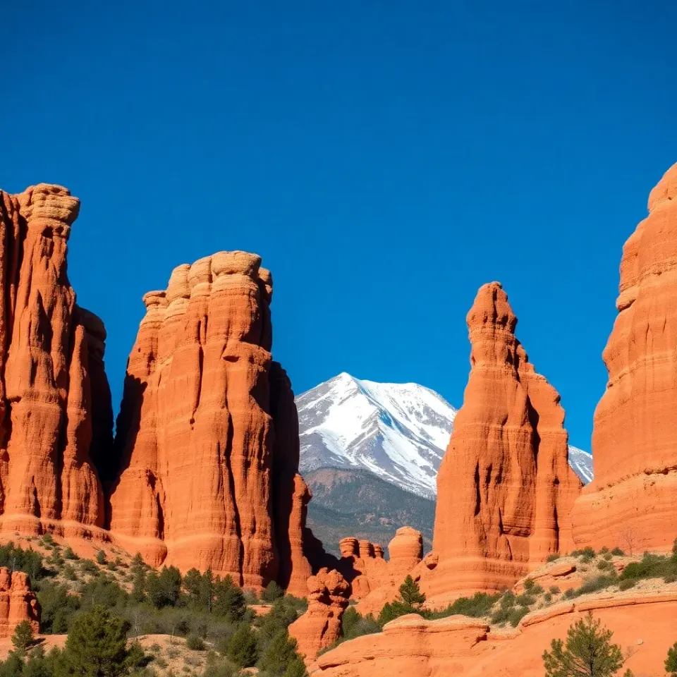 Garden of the Gods red rock formations with Pikes Peak in background, Colorado Springs