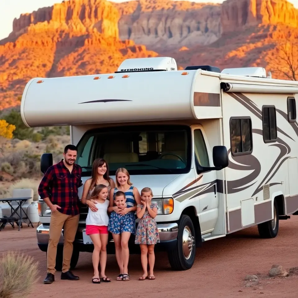 Family enjoying RV camping near Garden of the Gods with Pikes Peak in background