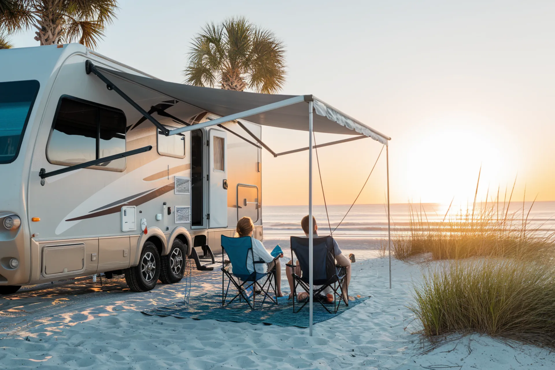 Family enjoying RV lifestyle on Galveston Island Gulf Coast