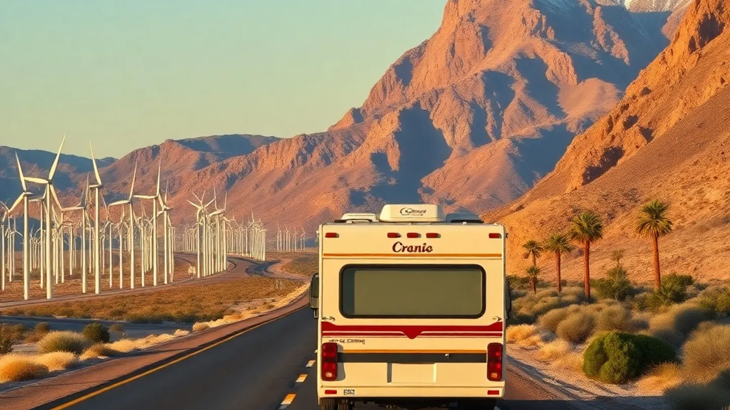 Motorhome on a desert highway approaching Palm Springs with the San Gorgonio Pass wind turbines and Mount San Jacinto