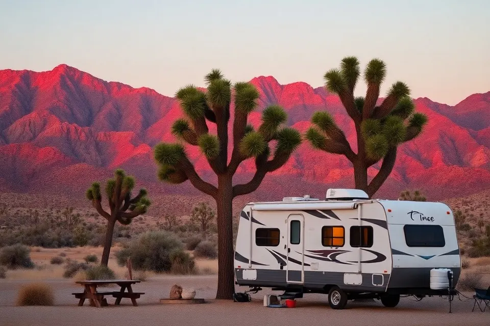 Travel trailer at a Black Rock Campground site in Joshua Tree National Park at dawn