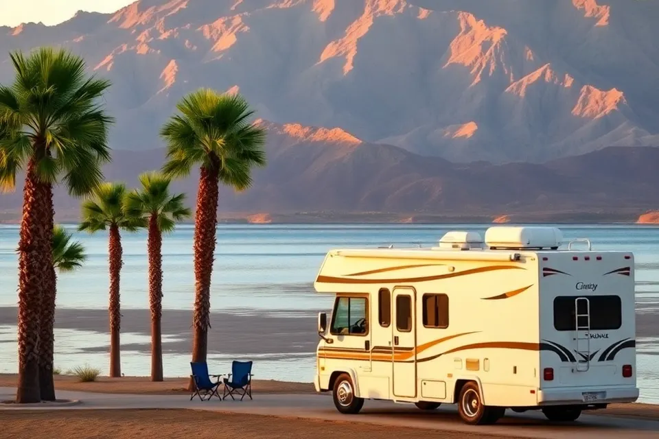 Class C motorhome at a lakeside hookup site at Lake Cahuilla in La Quinta with the Santa Rosa Mountains behind
