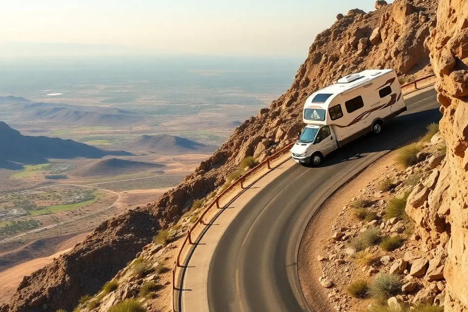 Camper van on a switchback of Highway 74, the Palms to Pines Scenic Byway, above the Coachella Valley