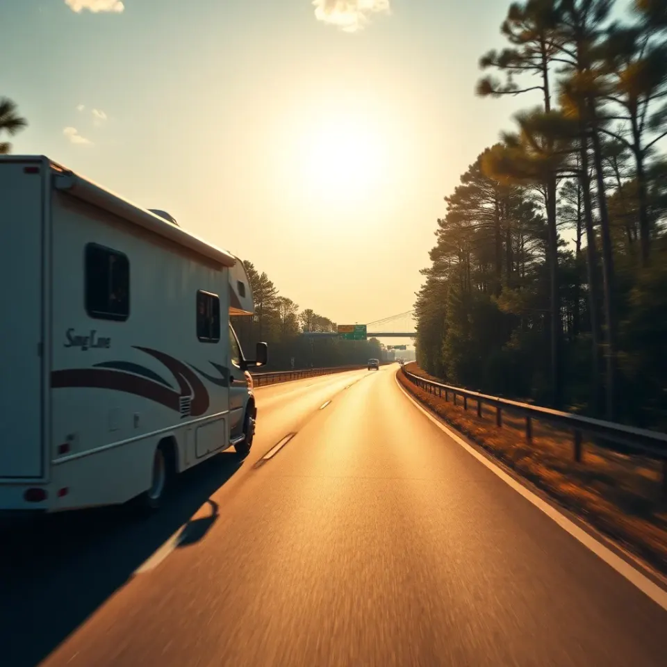 A motorhome on a sunny southeastern interstate heading toward Florida with palms on the roadside