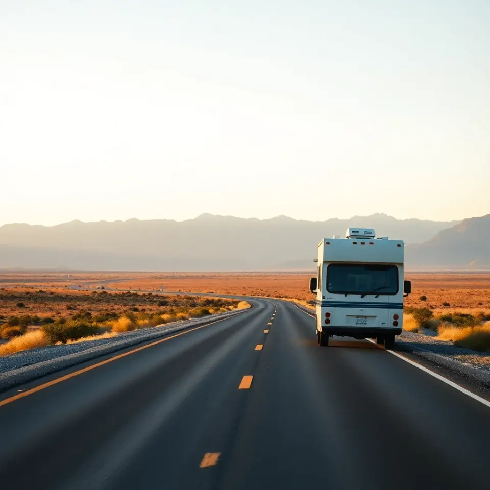 A motorhome on an open scenic highway winding toward distant mountains on a long road trip