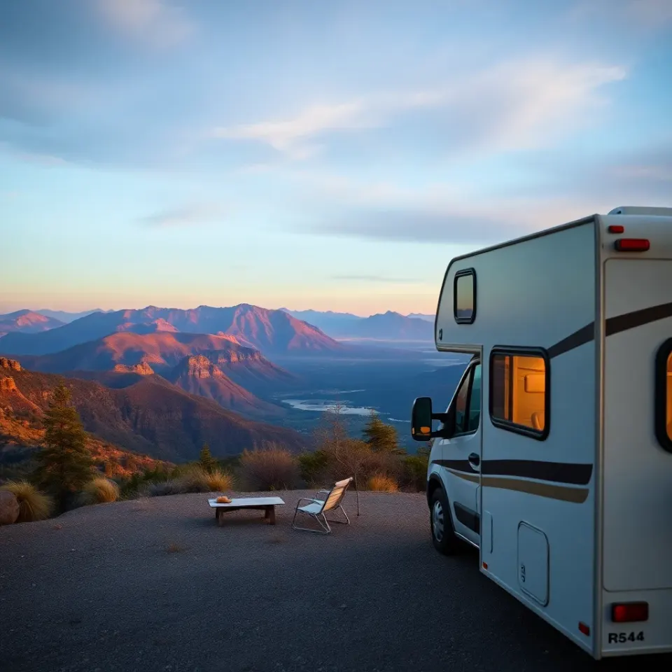A motorhome parked at a scenic overlook campsite on a week-long RV trip