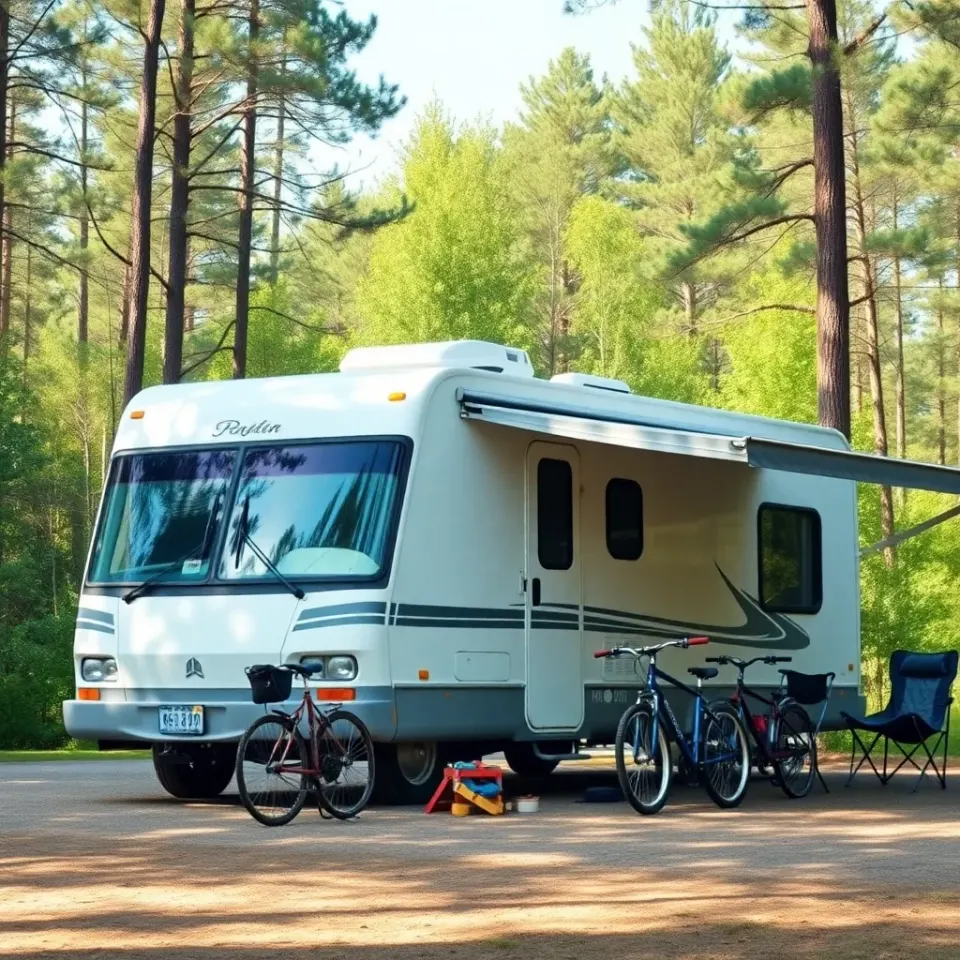 A family motorhome set up at a campground with bikes and camp chairs beside it