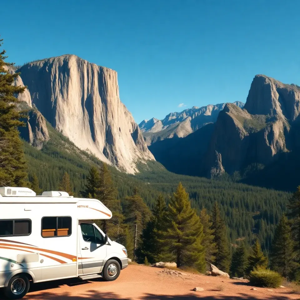 A motorhome parked at a national park scenic overlook with dramatic mountain peaks