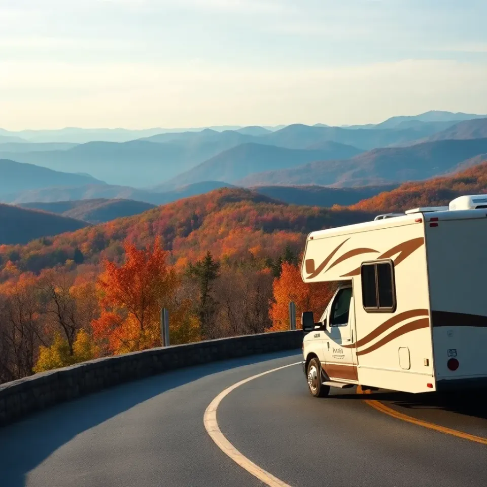 A motorhome on the Blue Ridge Parkway with layered blue Appalachian ridges in autumn color