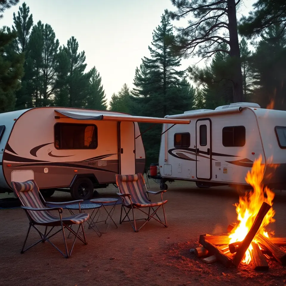 A pop-up camper and small travel trailer at an affordable campground