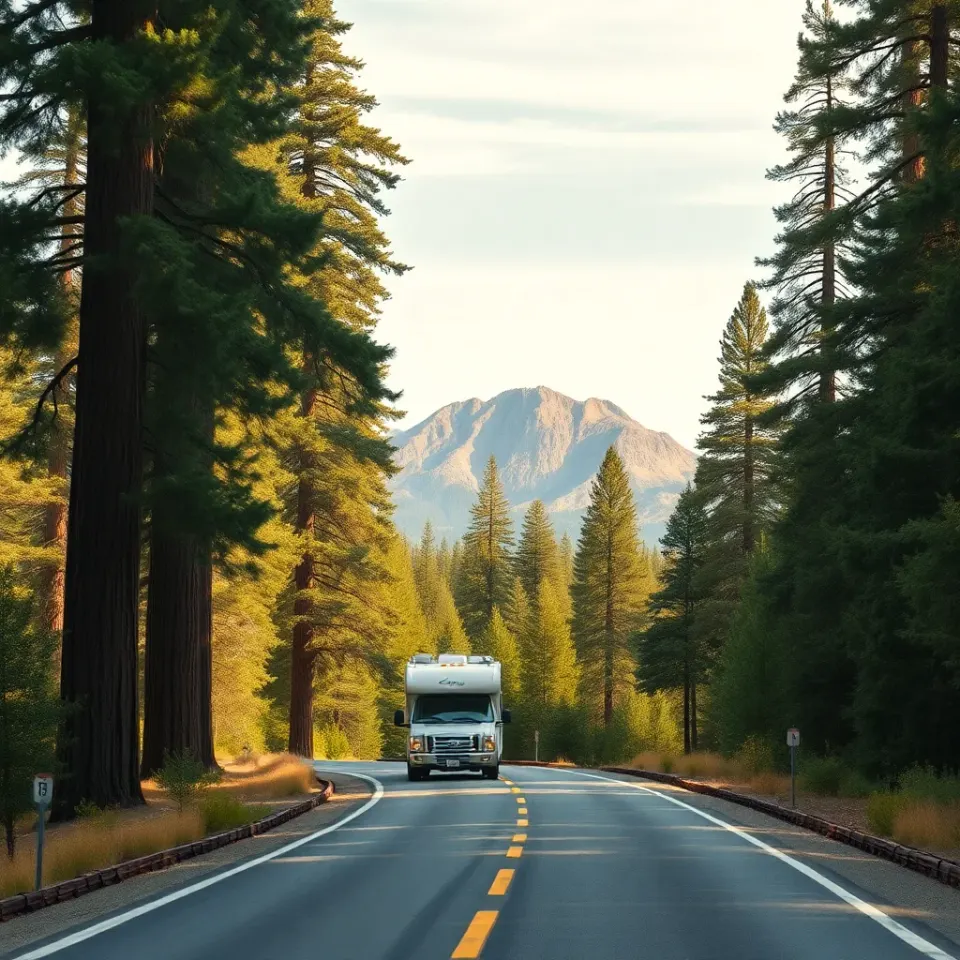A Class C motorhome on a Sierra Nevada road beneath giant sequoias and granite peaks