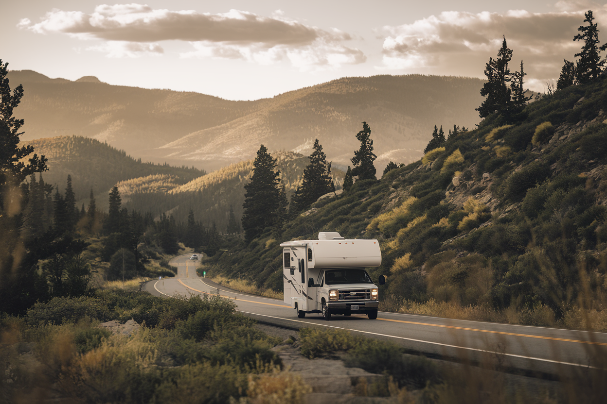 Class C motorhome on scenic mountain highway