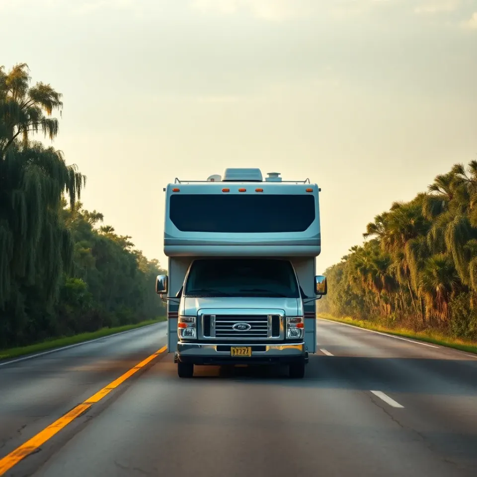 A motorhome on a southern highway crossing Louisiana bayou country with cypress and Spanish moss