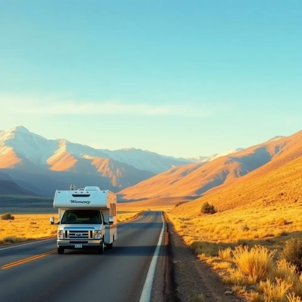 A motorhome on the Rocky Mountain route between Denver and Yellowstone