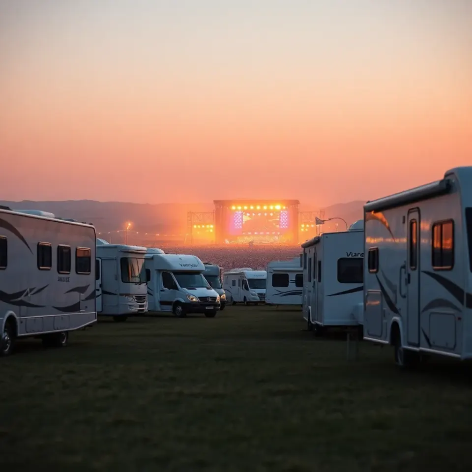 A row of rented motorhomes parked in an event campground at a major festival