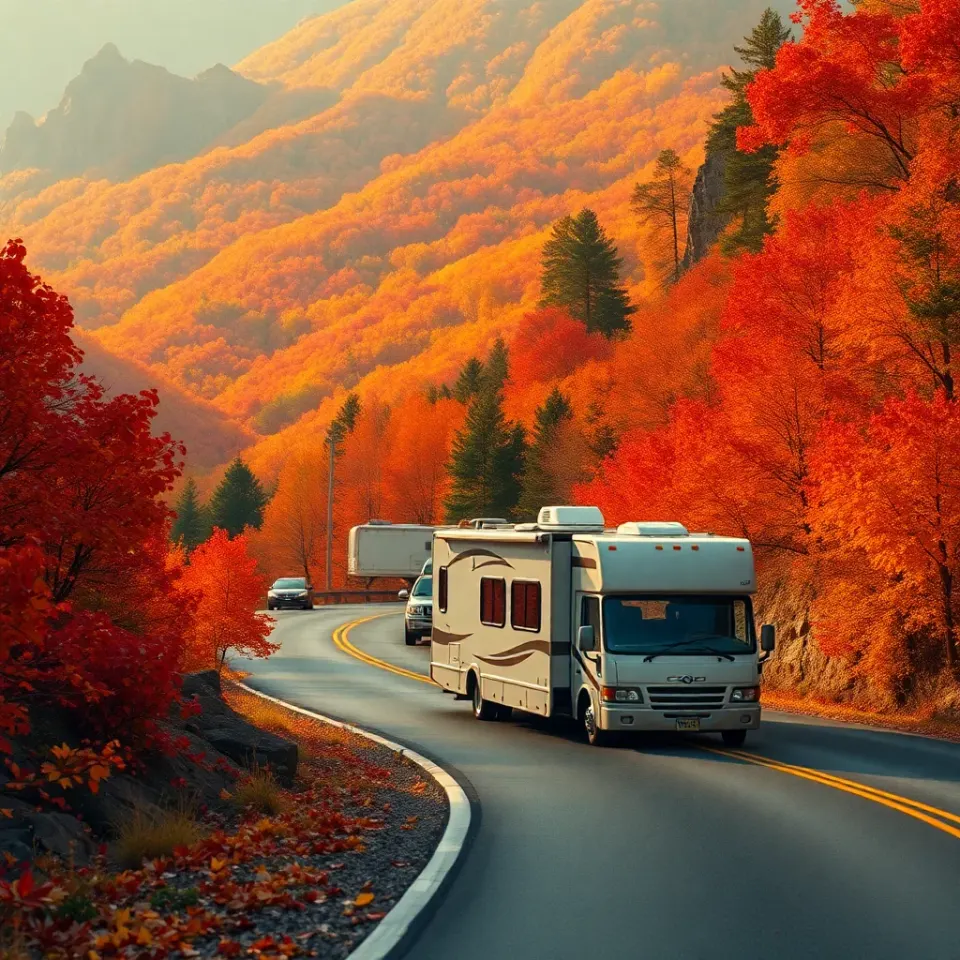 A motorhome on a winding mountain road surrounded by peak autumn color