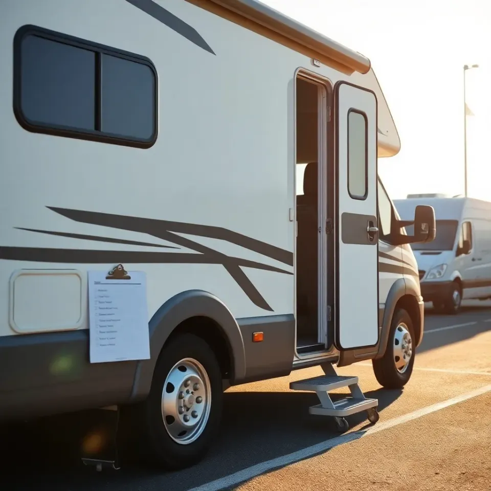 A rented Class C motorhome on handoff day with a walkthrough checklist