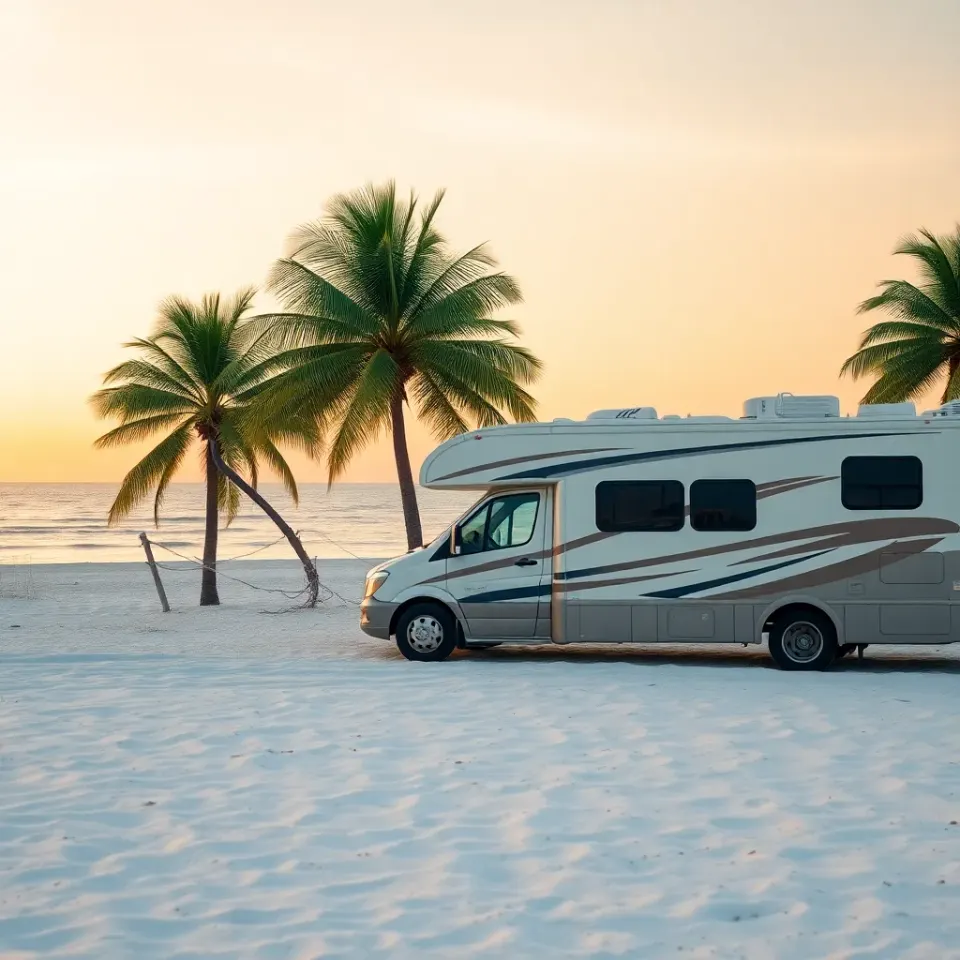 A motorhome parked near a white-sand Gulf of Mexico beach with palms and a calm turquoise sea at sunset
