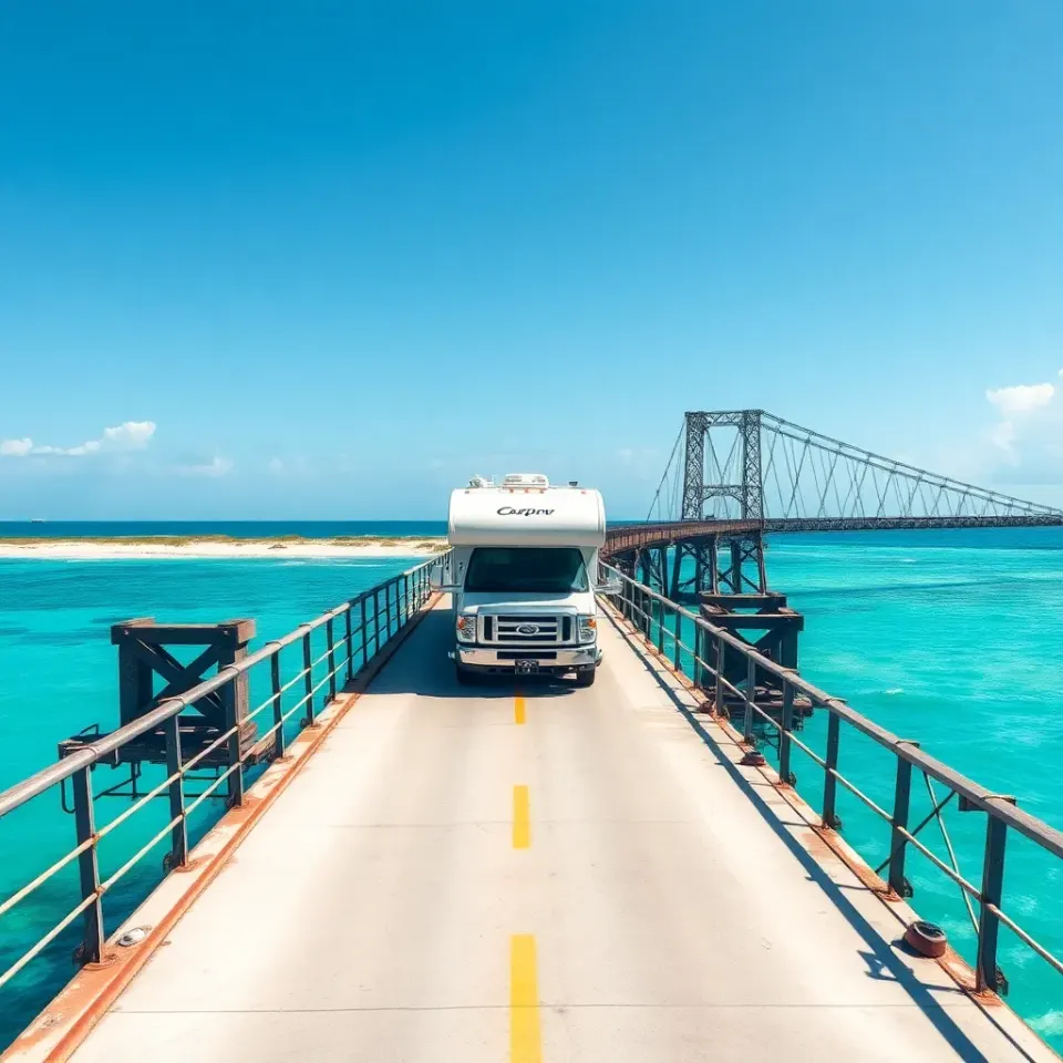 A Class C motorhome crossing the Seven Mile Bridge over turquoise Florida Keys water