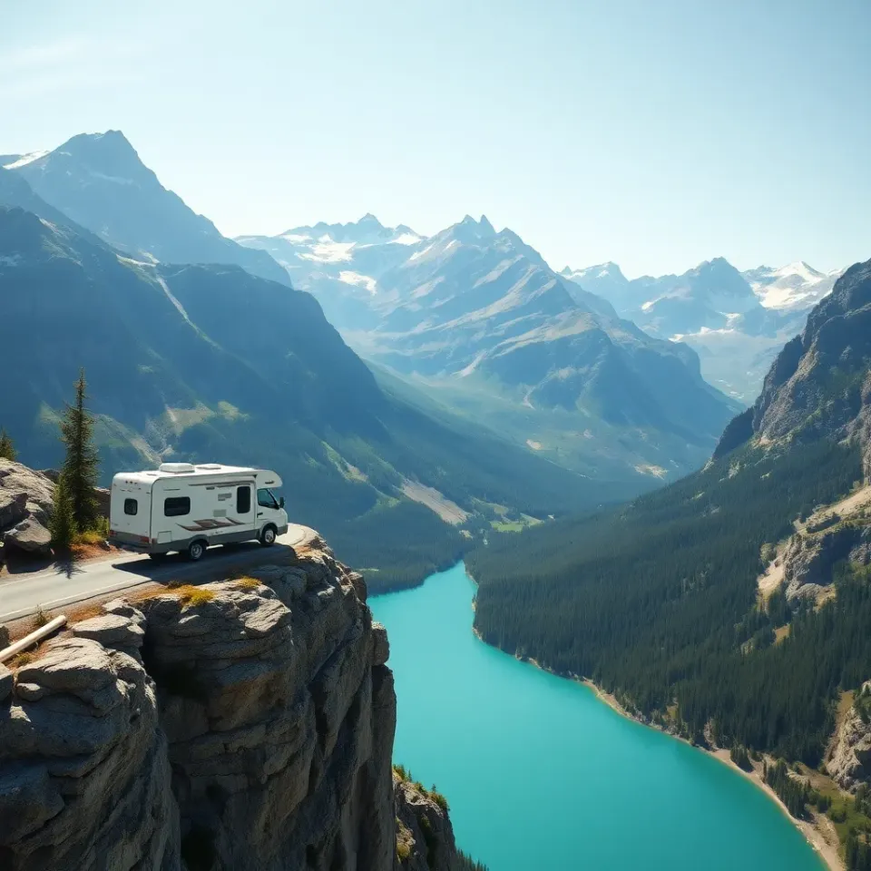 A camper van on Going-to-the-Sun Road with glacial peaks and a turquoise alpine lake