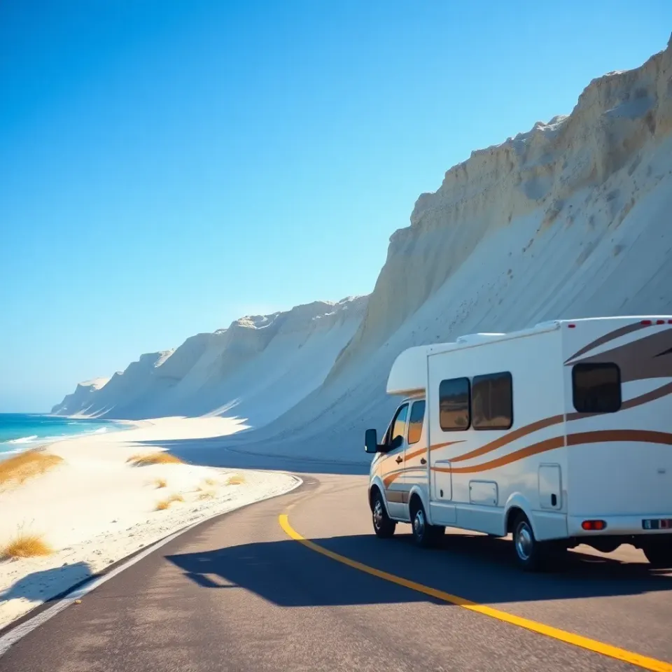A motorhome on a Lake Michigan shoreline road with towering sand dunes and blue water