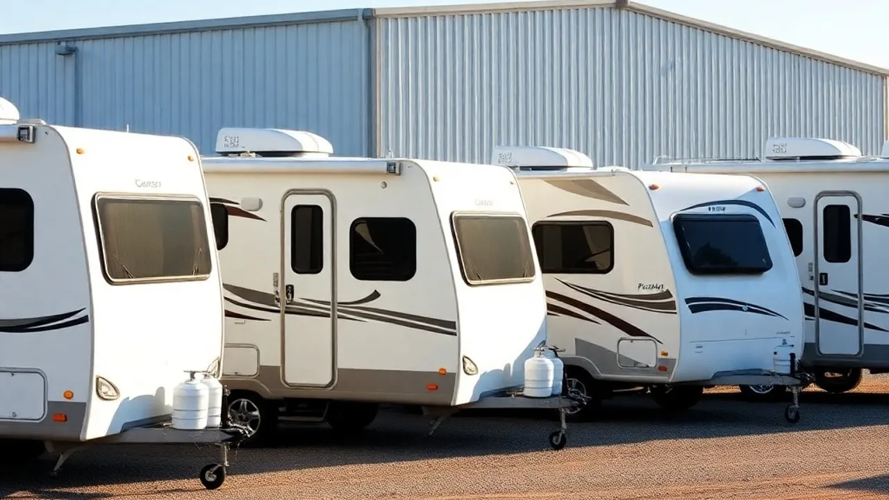 A small fleet of clean rental RVs and travel trailers lined up on a gravel lot, ready for handoff