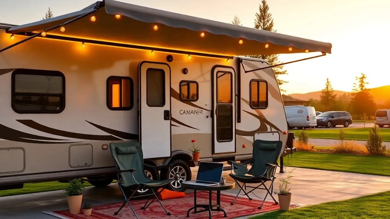 A travel trailer set up for a long stay at an RV park with chairs, an outdoor rug, and a laptop workspace under the awning