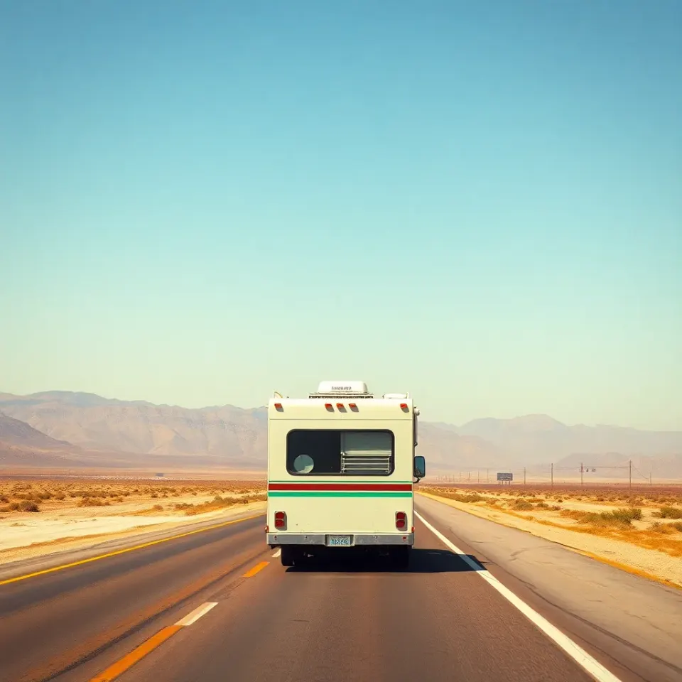 A motorhome on a wide desert interstate crossing the Mojave between Los Angeles and Las Vegas