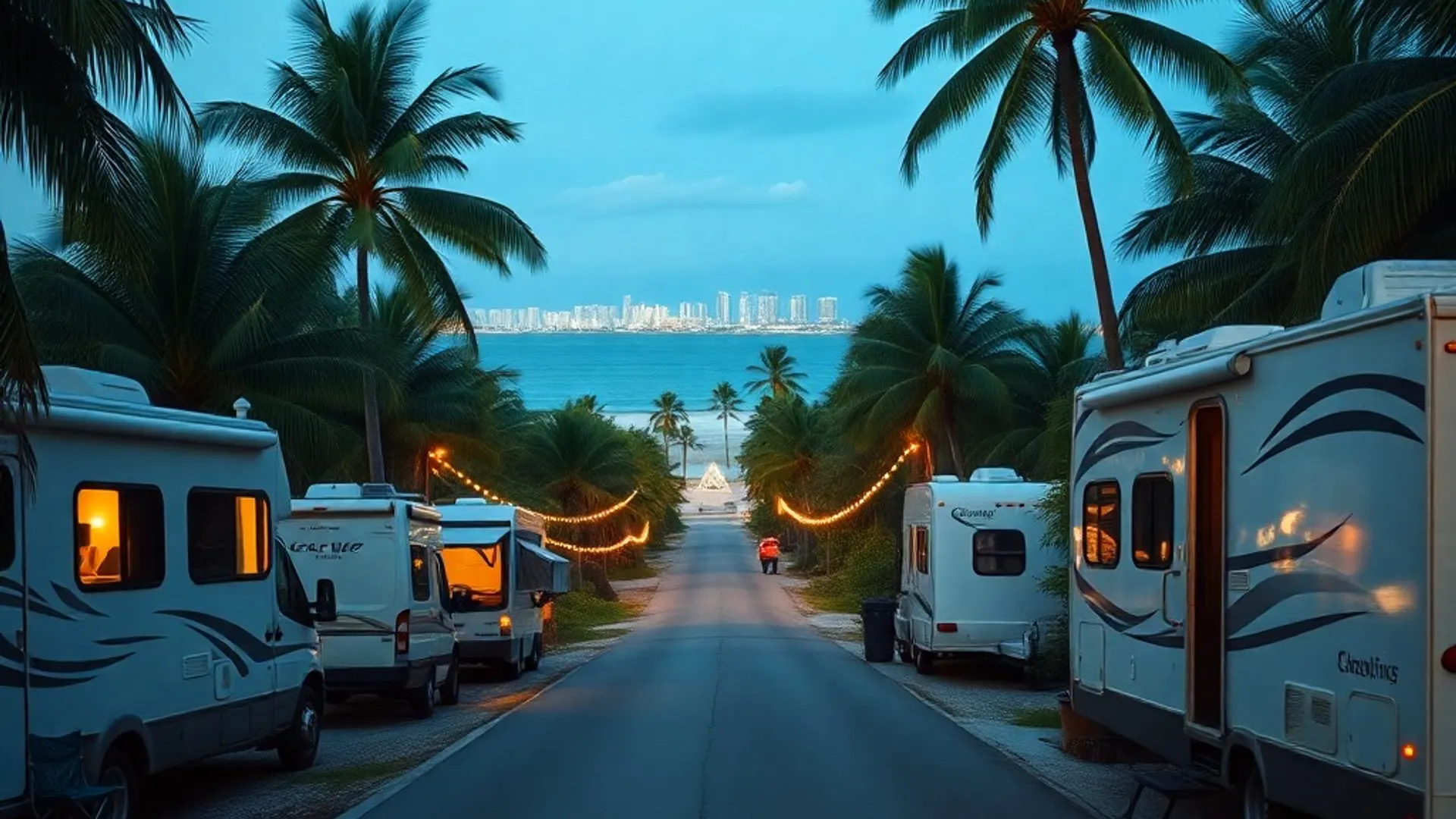 Rented motorhomes parked along a palm-lined causeway road on Virginia Key at dusk, with the Miami skyline in the distance