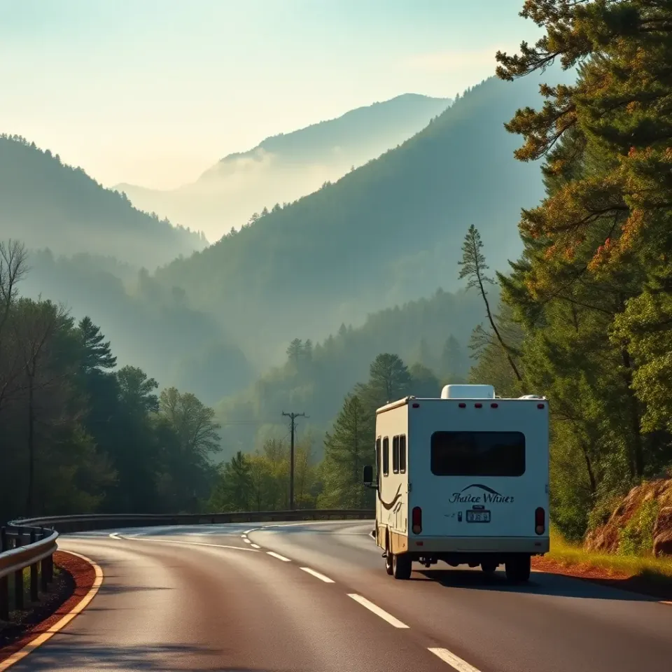 A motorhome on a winding highway through the Great Smoky Mountains between Nashville and Asheville