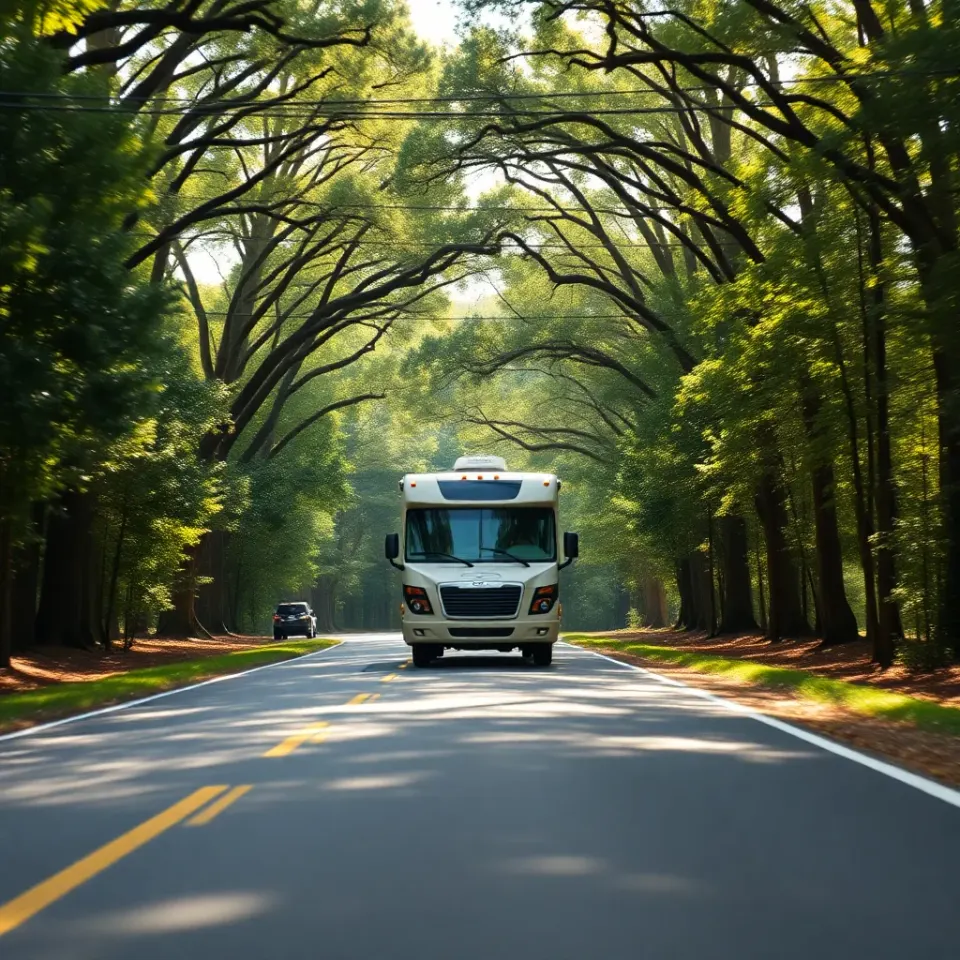 A motorhome on the tree-lined Natchez Trace Parkway through the Deep South in soft light