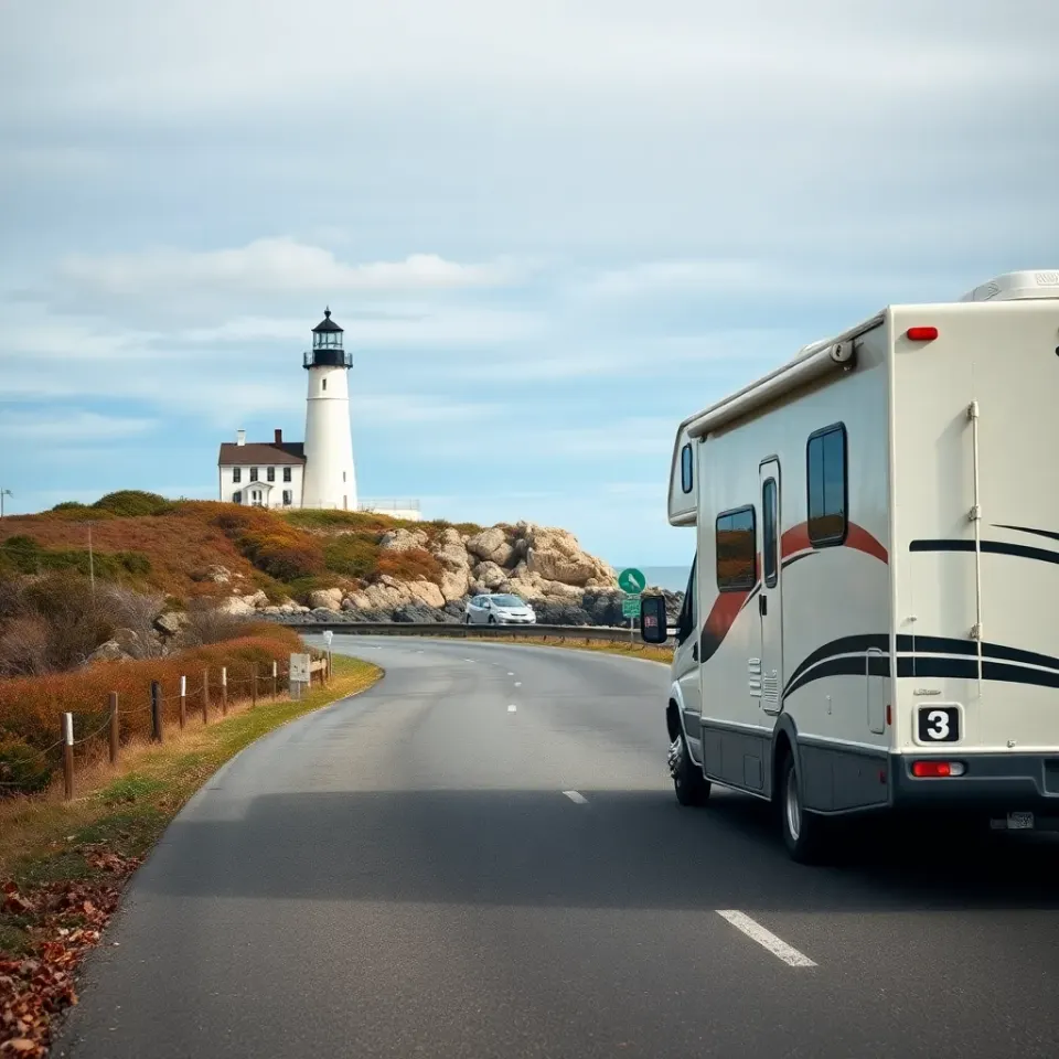 A motorhome on a New England coastal road passing a white lighthouse and rocky shore in early autumn