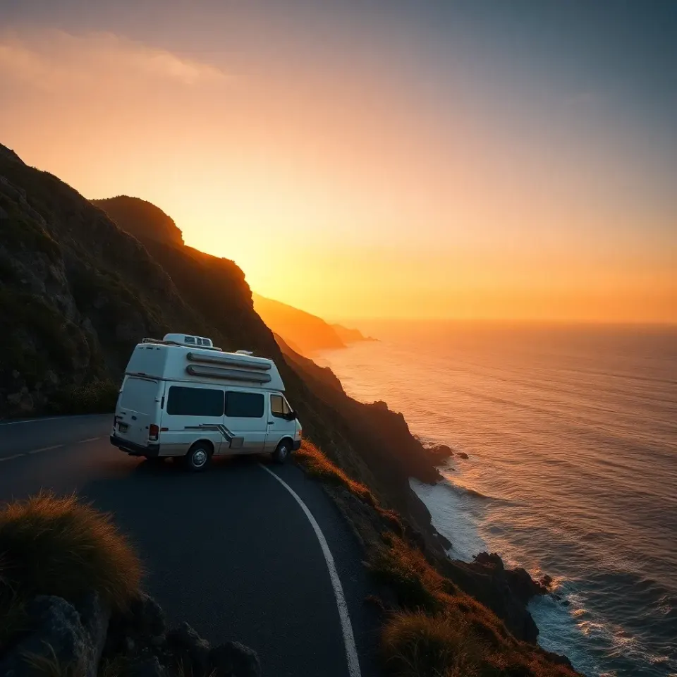 A motorhome on the Pacific Coast Highway with the ocean and coastal cliffs in the background