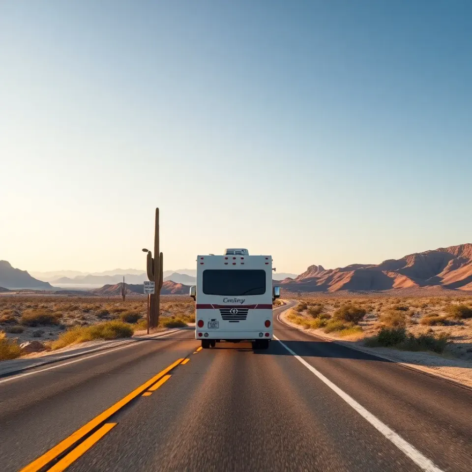 A motorhome on a highway transitioning from saguaro desert toward the Pacific coast
