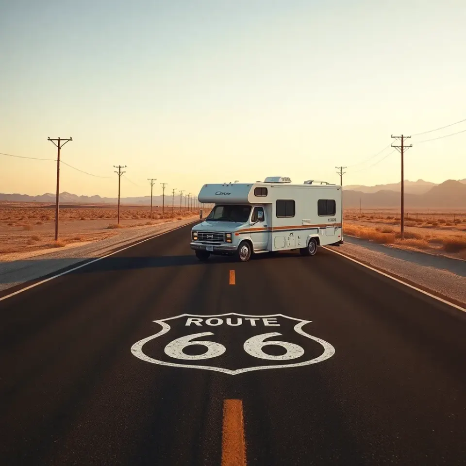 A vintage-style motorhome on an empty stretch of historic Route 66 with a classic road sign and desert horizon