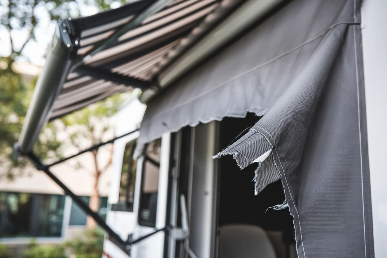 RV awning fabric showing tear damage to document before taking rental