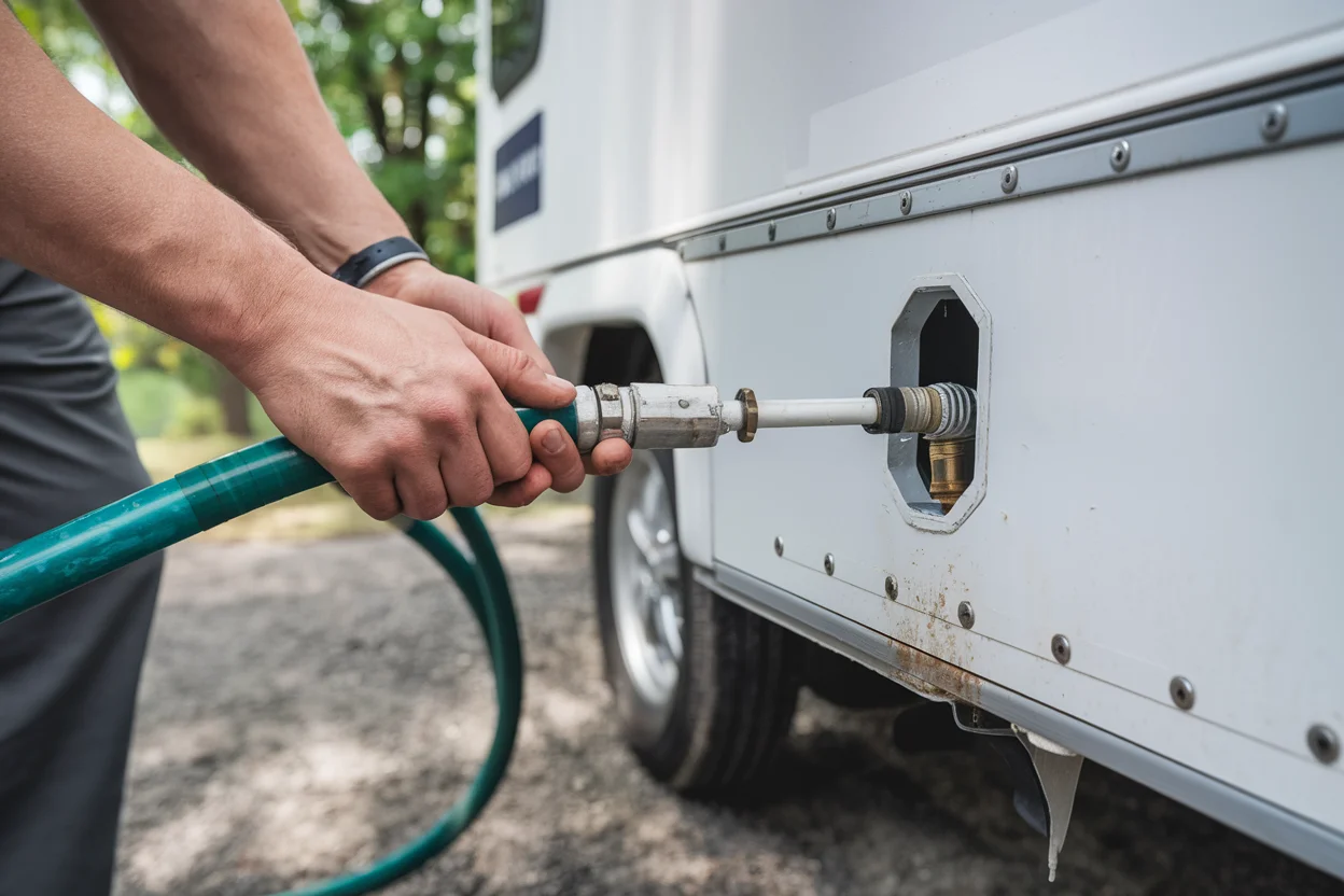 RV black tank flush wand sprays water to clean tank and remove clogs