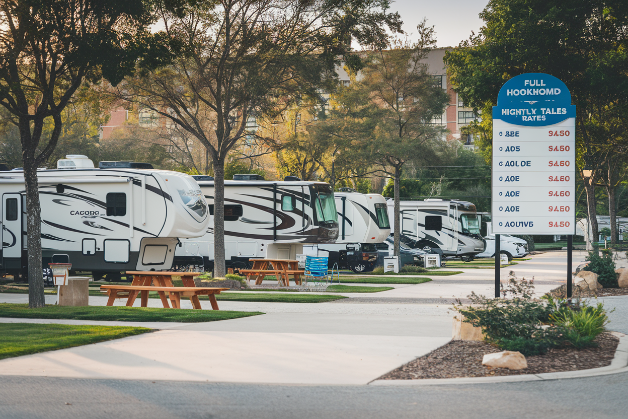 RV campground with pricing sign and hookup sites