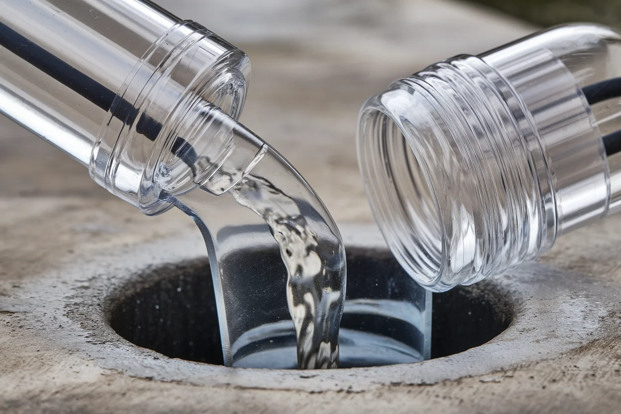 Clear elbow RV dump fitting allows visual confirmation of tank drainage