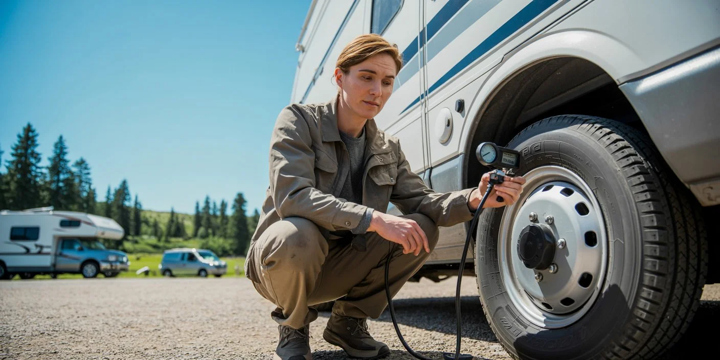 RV owner performing daily exterior walk-around inspection