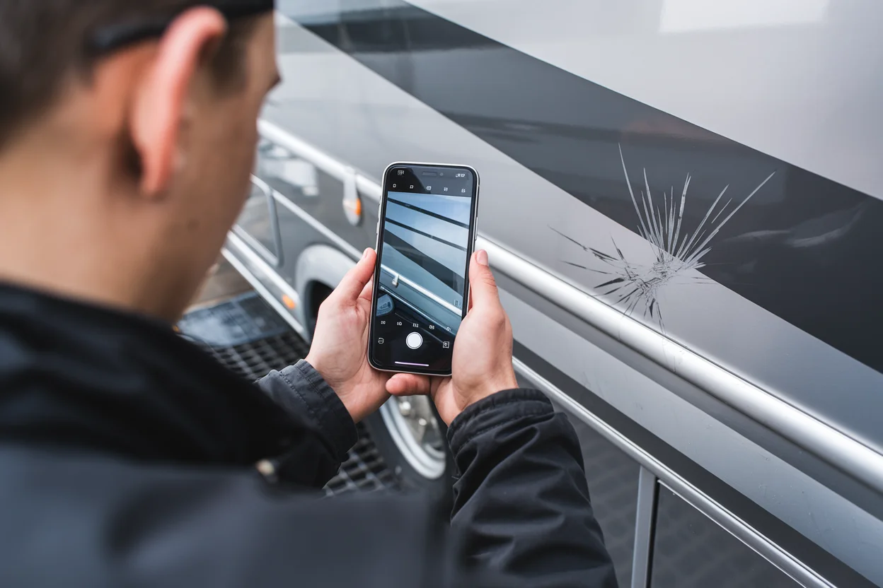 Using smartphone to photograph and document RV damage during pickup inspection