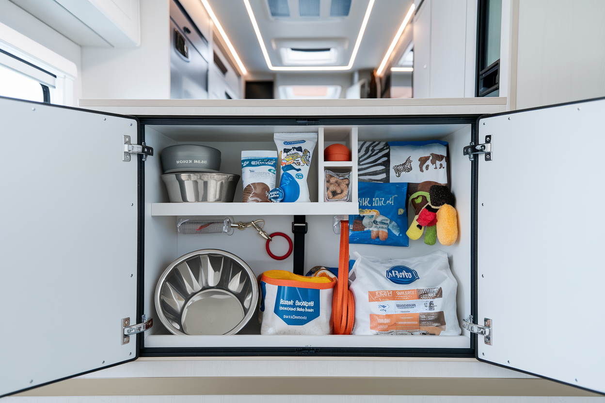 Organized pet supplies packed in RV storage compartment
