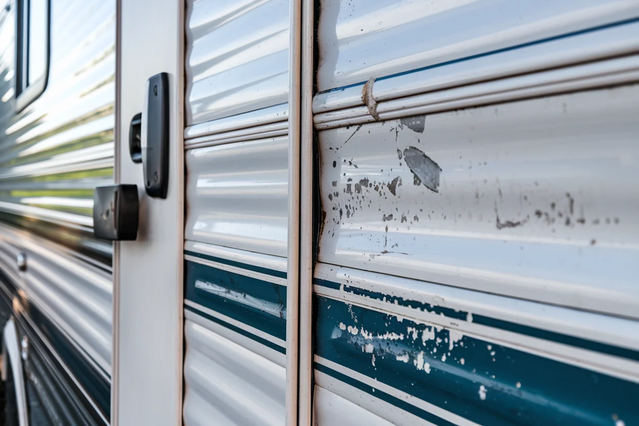 RV entry door edge showing typical dings and scrapes to document before rental