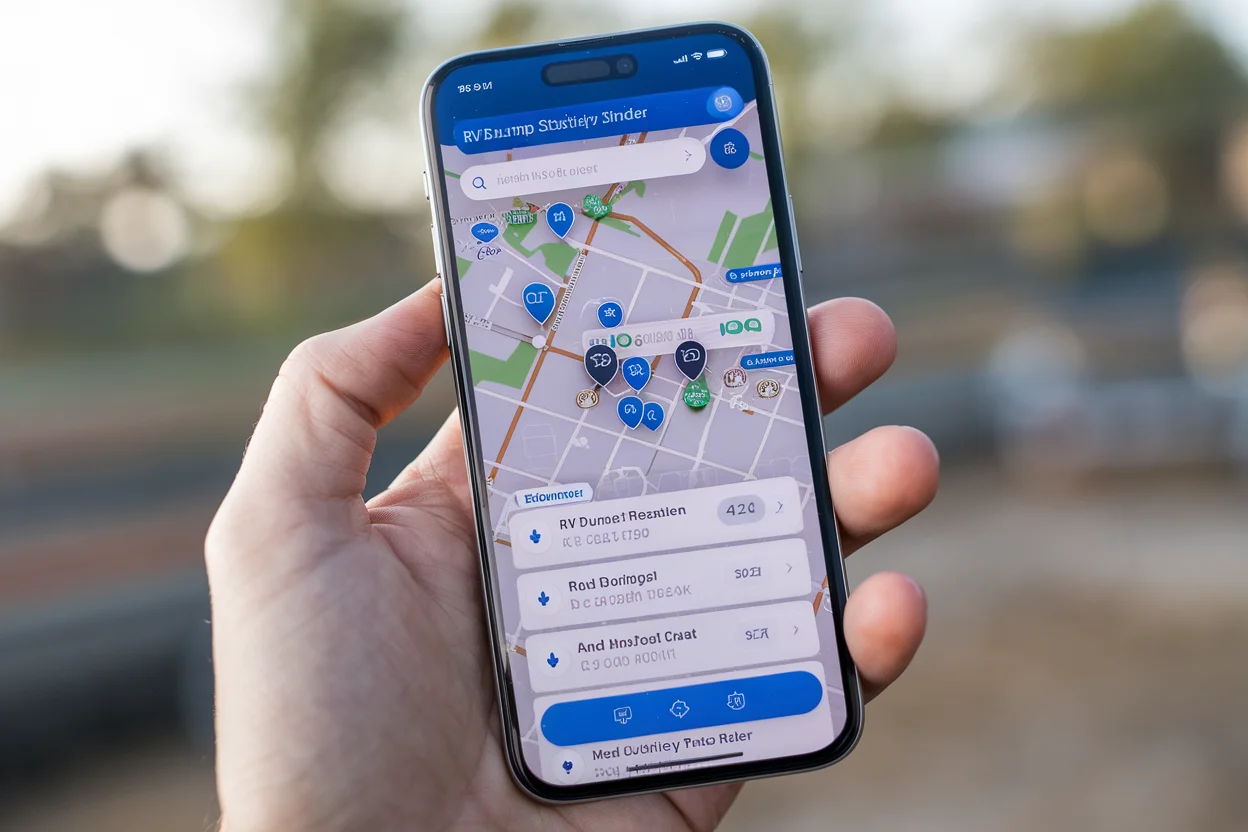 Smartphone RV dump station finder app showing nearby locations and costs