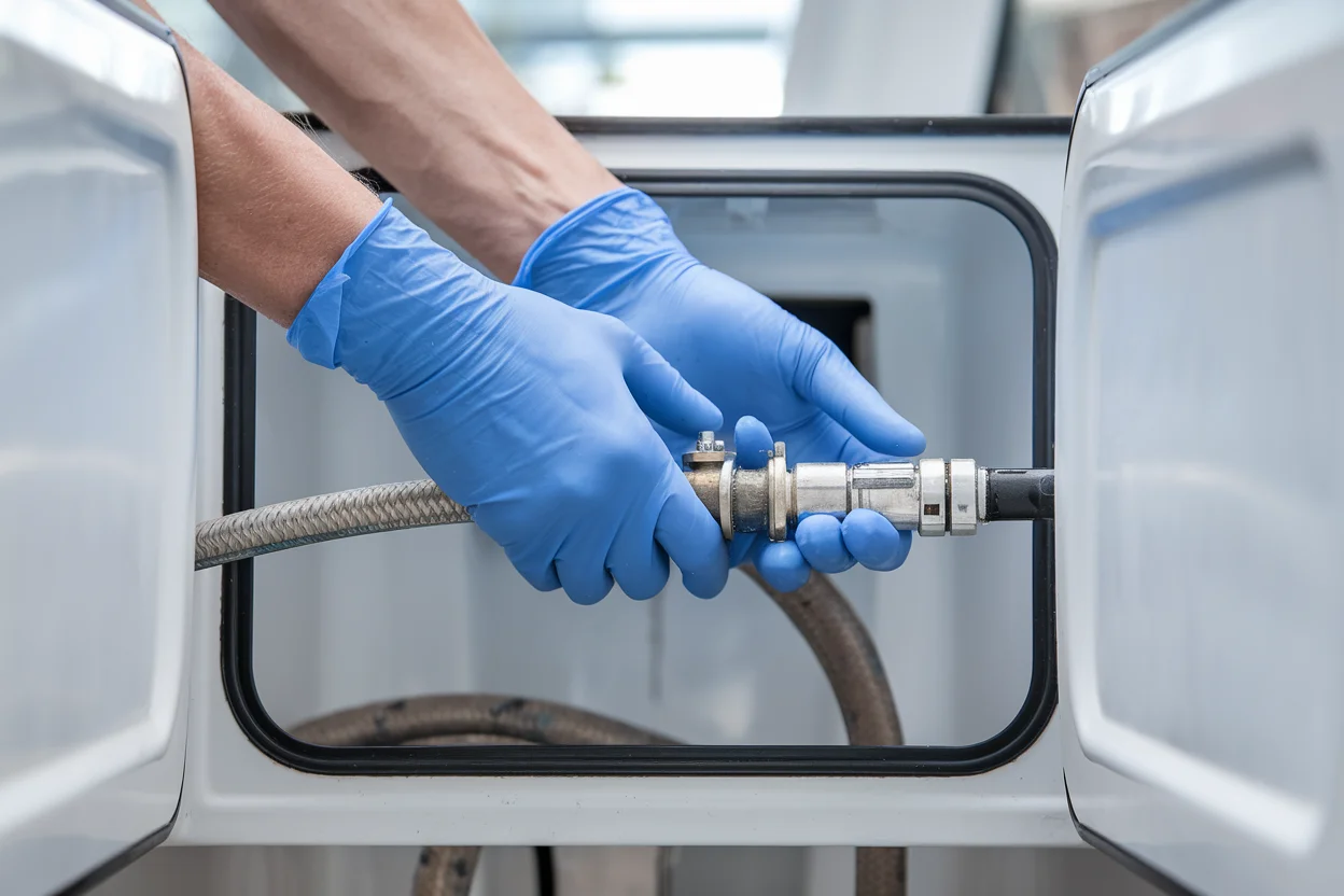 Nitrile gloves protect hands during RV tank dumping procedure