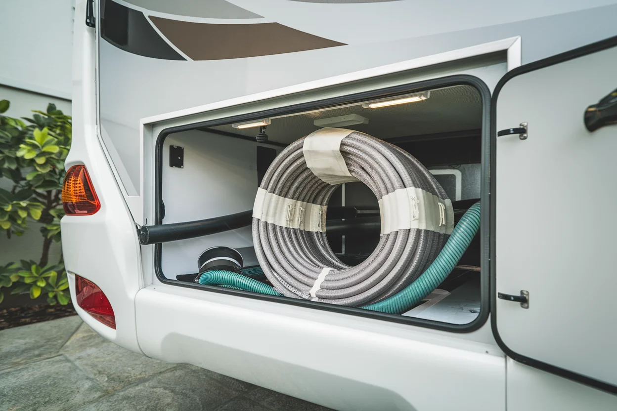Proper RV sewer hose storage in bumper compartment with protective bag