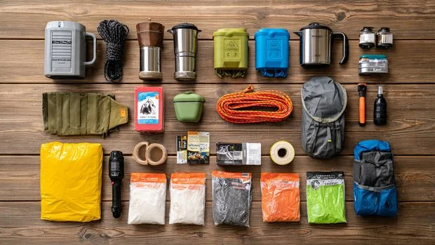 RV kitchen setup showing cabinets, stove, microwave, and included cookware