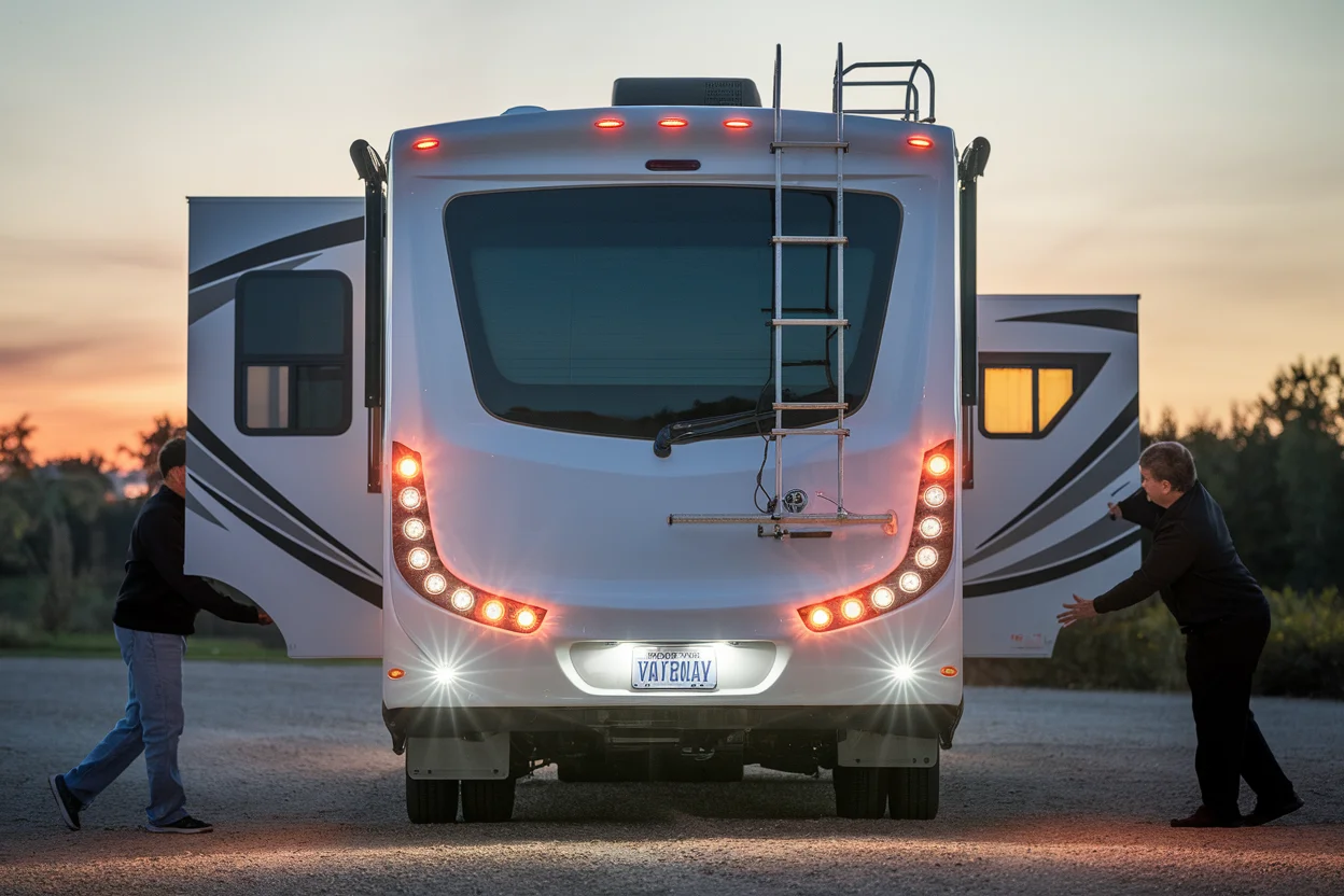 Testing all RV exterior lights including brake, turn signals, and running lights