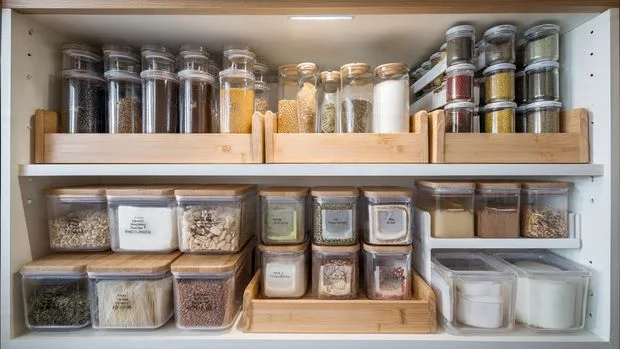 Organized RV pantry with labeled containers and cooking essentials